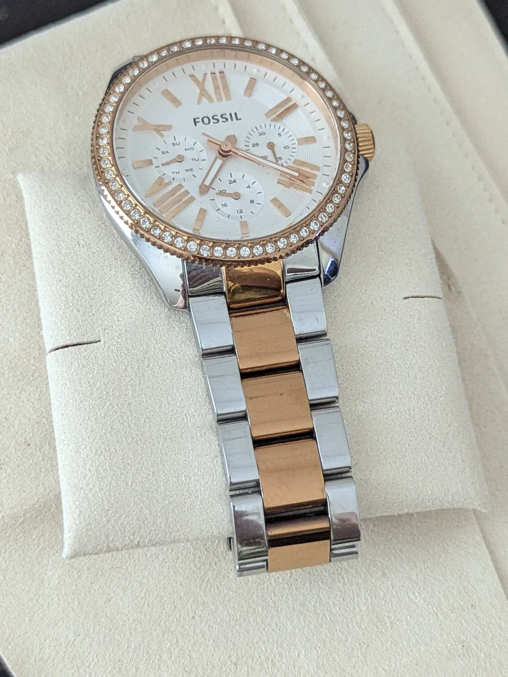 Fossil Women's Two-Tone Rose Gold and Silver Crystal Bezel Watch (Needs Battery)